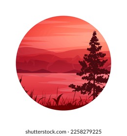 Colorful wild nature landscape, panorama with mountains, hills and forests. Travel and adventure, camping, wildlife. Coniferous trees, bushes and grasses. Vector illustration