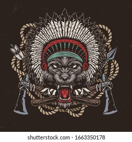 Colorful wild west authentic template with rope crossed tomahawks and ferocious wolf head in american indian feathers headwear isolated vector illustration