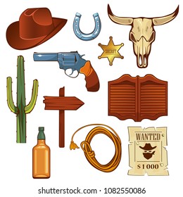 Colorful wild west elements set. Bull skull, cowboy hat, lasso, bottle of whiskey, revolver, sheriff star, signboard, cactus, saloon door isolated vector illustration.