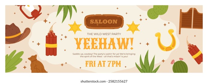 A colorful Wild West party invitation featuring cowboy-themed illustrations including a hat, lantern, dynamite, horseshoe, saloon sign, sheriff badges, cacti, and decorative text on a beige background