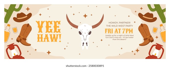 A colorful Wild West-themed party invitation design featuring cowboy boots, hats, cacti, lanterns, and a bull skull. Perfect for Western-themed events, invitations, and party decorations