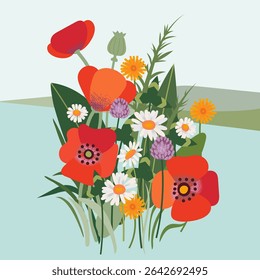Colorful wildflower bouquet with poppies, daisies, clover, and dandelions. Summer meadow plants in flat vector style. Perfect for postcards, packaging, nature themes, and decoration.
