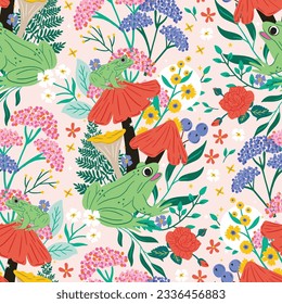 Colorful wildflower pattern with mushroom and frogs. Botanical leaves and flowers background. Abstract wildlife concept print for stationery, fabric, paper, wallpaper etc.