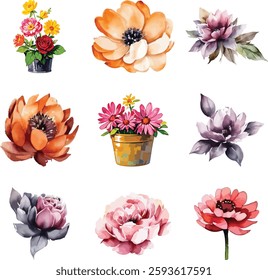Colorful Wildflower Vector Collection,Botanical Design,Beautiful watercolor vector floral pattern design,wildflowers vector set,bundle,Set watercolor wild