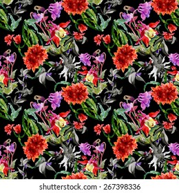 Colorful wildflowers watercolor seamless pattern on black background vector illustration