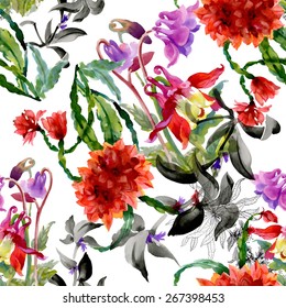 Colorful wildflowers watercolor seamless pattern on white background vector illustration
