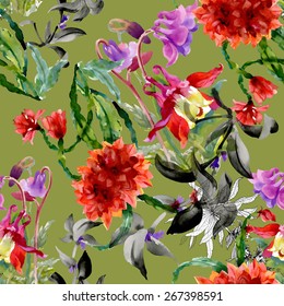 Colorful wildflowers watercolor seamless pattern on green background vector illustration