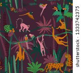 Colorful wildlife animals print. Seamless pattern with monkey, leopard, lemur, toucan and parrot in wild jungle forest.