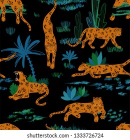 Colorful wildlife animals print. Seamless pattern with yellow leopard in wild jungle forest.