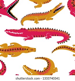 Colorful wildlife animals print. Seamless pattern with funny crocodiles on a white background.