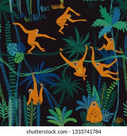 Colorful wildlife animals print. Seamless pattern with funny gibbon monkey in wild jungle forest.