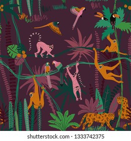 Colorful wildlife animals print. Seamless pattern with monkey, leopard, lemur, toucan and parrot in wild jungle forest.