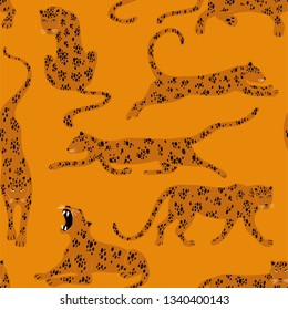 Colorful wildlife animals print. Seamless pattern with orange leopard.