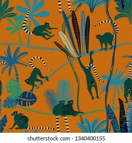 Colorful wildlife animals print. Seamless pattern with funny lemurs in wild jungle forest.