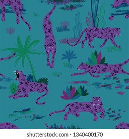 Colorful wildlife animals print. Seamless pattern with purple leopard in wild jungle forest.