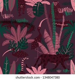 Colorful wildlife animals print. Seamless pattern with monkey, leopard, lemur, crocodile and ibis in wild jungle forest.