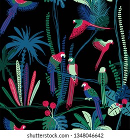 Colorful wildlife birds print. Seamless pattern with parrots in a wild jungle.