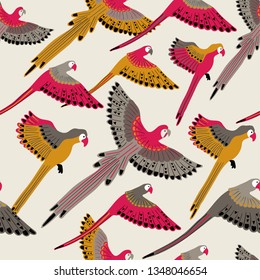 Colorful wildlife birds print. Seamless pattern with flying parrots on a white background.