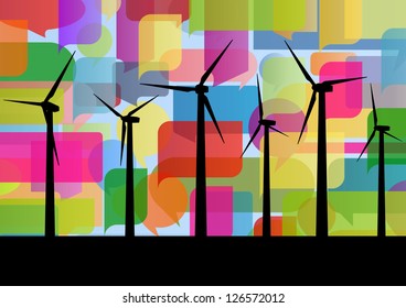 Colorful wind electricity generators and speech clouds ecology silhouettes illustration background vector