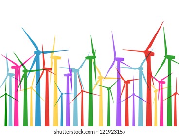 Colorful wind electricity generators and windmills detailed ecology silhouettes illustration collection background vector