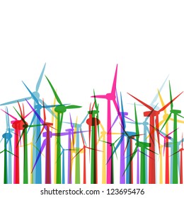 Colorful wind electricity generators and windmills detailed ecology silhouettes illustration collection background vector