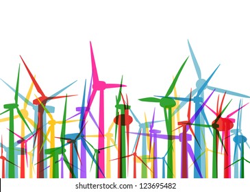 Colorful wind electricity generators and windmills detailed ecology silhouettes illustration collection background vector
