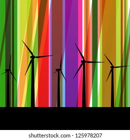 Colorful wind electricity generators and windmills ecology silhouettes illustration background vector
