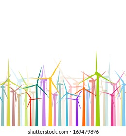 Colorful wind electricity generators and windmills detailed ecology electricity silhouettes illustration collection background vector