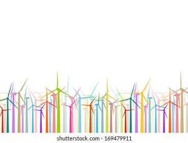 Colorful wind electricity generators and windmills detailed ecology electricity silhouettes illustration collection background vector