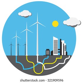Colorful wind farm with sun in round