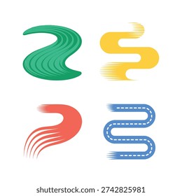 Colorful winding path icons, dynamic road swirls, marathon route branding, fun run signage, wayfinding workshop session, pacing strategy seminar