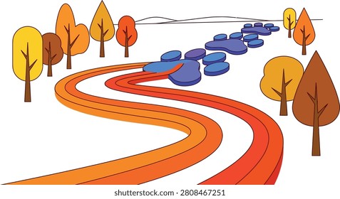 A colorful winding path through an autumn landscape with paw prints leading the way