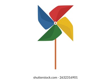 Colorful windmill clip art. Simple cute paper windmill with 4 blades flat vector illustration isolated on white. Toy windmill propeller icon.