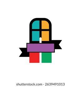 Colorful window icon with a banner across the middle.