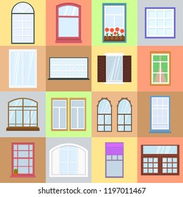 Colorful windows set. Collection of house construction. Interior windows of various forms in flat style. Architecture design outdoor or exterior view, building and home theme. Vector illustration