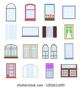 Colorful windows set. Collection of house construction. Interior windows of various forms in flat style. Architecture design outdoor or exterior view, building and home theme.