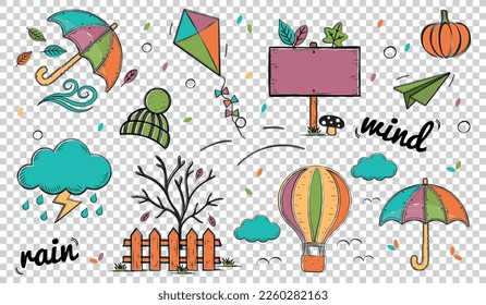 Colorful Windy Autumn Icons Set - Different Beautiful Vector Illustrations Isolated On Transparent Background
