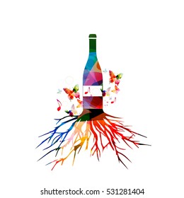 Colorful wine bottle with tree root vector illustration