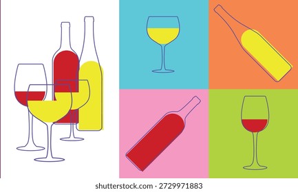 Composición de botellas de vino y vasos de colores en diseño plano