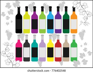 Colorful Wine bottles Set.- Illustration, Wine, Champagne,Grape, Bordeaux, Alcohol, Drink, Bottle