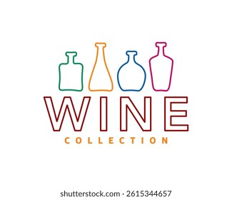 Colorful wine collection logo featuring various bottle silhouettes in vibrant hues over bold lettering