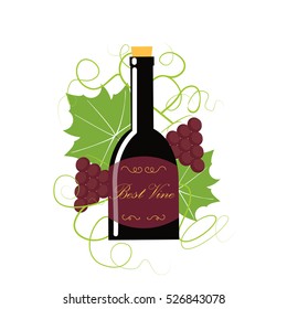 Colorful wine concept with a bottle and grapes both berry and leaf. Stock vector illustration on vineyard and vine products for banner, invitation, card, certificate, menu.