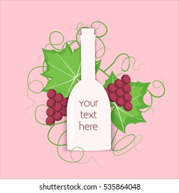 Colorful wine concept with a white bottle and grapes both berry and leaf. Stock vector illustration on vineyard and vine products for banner, invitation, card, certificate, menu.