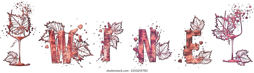 Colorful wine designs - Collection of wine glasses. Sketch vector illustration. Hand drawn elements for invitation cards, advertising banners and menus. Wine glasses with splashing wine.
