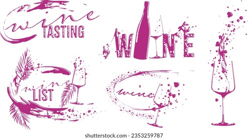 Colorful wine designs - Collection of wine glasses. Sketch vector illustration. Hand drawn elements for invitation cards, advertising banners and menus. Wine glasses with splashing wine.