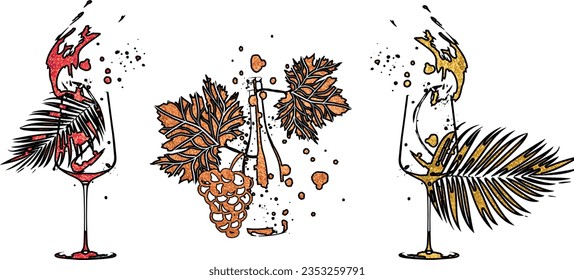 Colorful wine designs - Collection of wine glasses. Sketch vector illustration. Hand drawn elements for invitation cards, advertising banners and menus. Wine glasses with splashing wine.