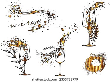 Colorful wine designs - Collection of wine glasses. Sketch vector illustration. Hand drawn elements for invitation cards, advertising banners and menus. Wine glasses with splashing wine.