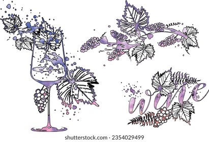 Colorful wine designs - Collection of wine glasses. Sketch vector illustration. Hand drawn elements for invitation cards, advertising banners and menus. Wine glasses with splashing wine.