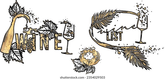 Colorful wine designs - Collection of wine glasses. Sketch vector illustration. Hand drawn elements for invitation cards, advertising banners and menus. Wine glasses with splashing wine.