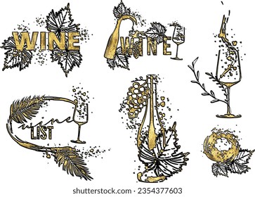 Colorful wine designs - Collection of wine glasses. Sketch vector illustration. Hand drawn elements for invitation cards, advertising banners and menus. Wine glasses with splashing wine.